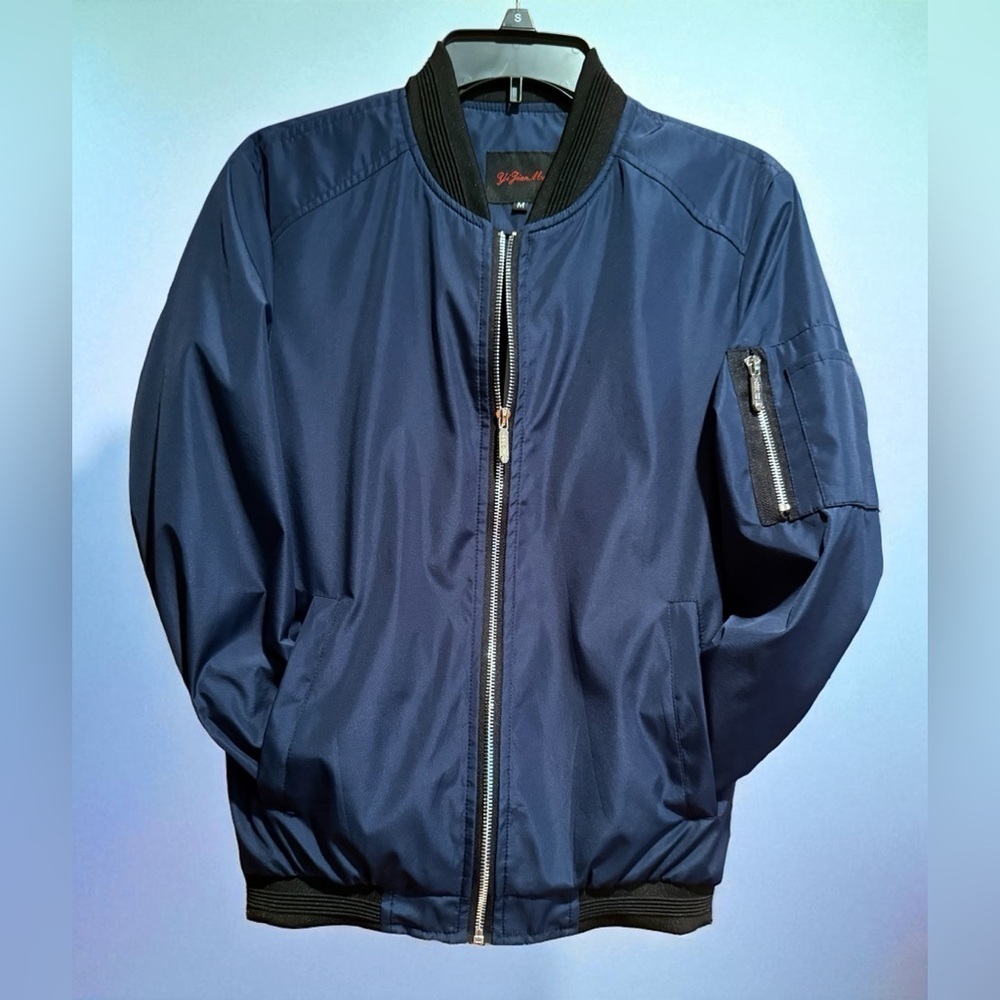 Navy Blue MA-1 Bomber Jacket Medium Zip Sleeve Pocket Lightweight Mens